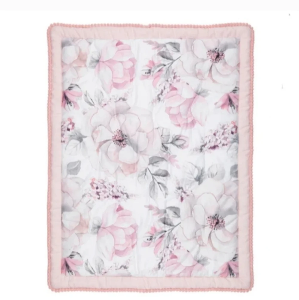 LAMBS & IVY SIGNATURE BOTANICAL WATERCOLOR FLORAL CRIB COMFORTER PINK GRAY
